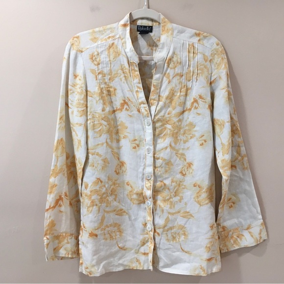 Rafaella Womens Size 8 Linen Top Shirt  Yellow Cream Long Sleeve Button - Picture 1 of 5